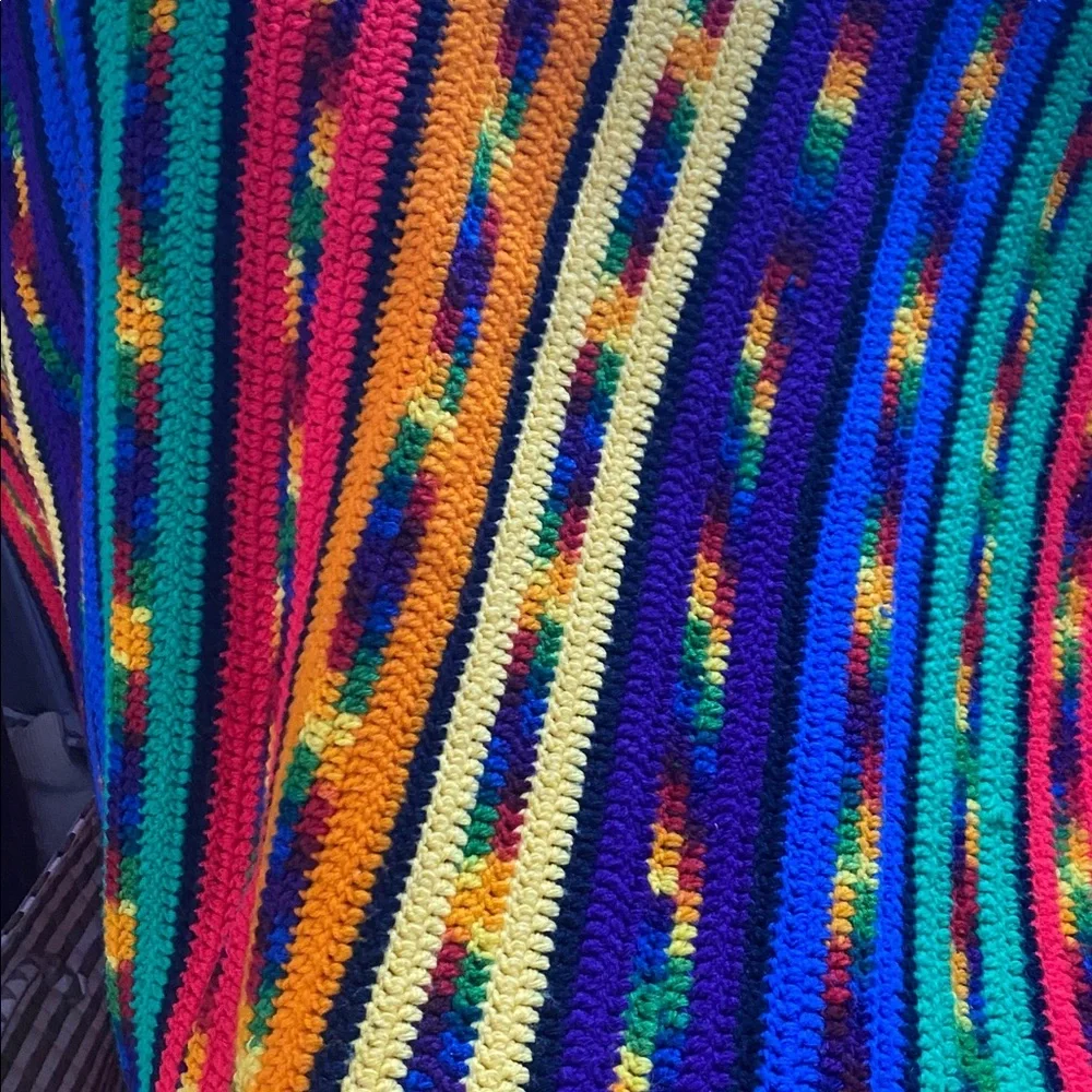 Handmade Vintage Hand-Crocheted Large Rainbow Stripe Throw Blanket 63” x 44”